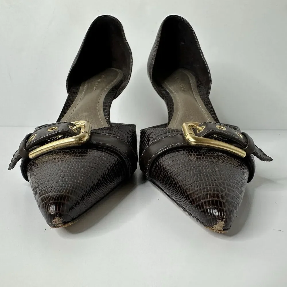 Ann Taylor D'Orsay Pumps 6M Brown‎ Snakeskin Pattern Buckle Pointed Toe 3" Heel - Picture 3 of 16